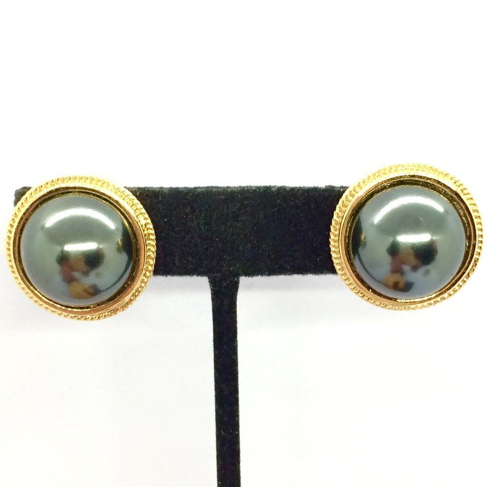 VINTAGE CAROLEE Earrings Faux Peacock Pearl Gold Tone 14K Post Round Button